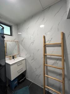 a bathroom with a sink and a mirror at Honey Lodge in Punaauia
