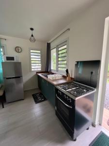 a kitchen with a stove and a refrigerator at Honey Lodge in Punaauia +3 photos
