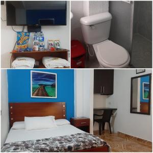two pictures of a bedroom with a bed and a desk at Hotel Confortel in Armenia