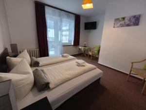 a hotel room with two beds and a window at Ferienhotel Zwotatal in Klingenthal