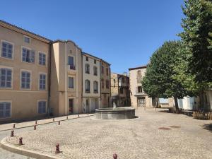 a courtyard with a fountain in the middle of a building at Le Nid Comtois in Vic-le-Comte