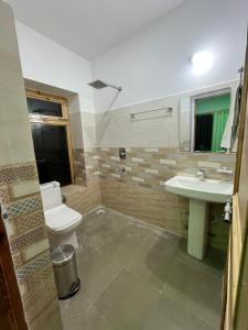 a bathroom with a toilet and a sink at Vajra Inn Pangong in Meruk