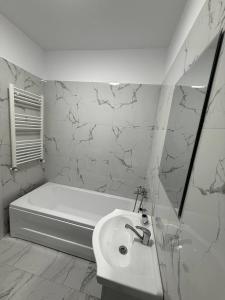 a bathroom with a sink and a bath tub and a toilet at Garsonieră in Chiajna
