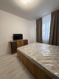 a bedroom with a large bed and a television at Garsonieră in Chiajna