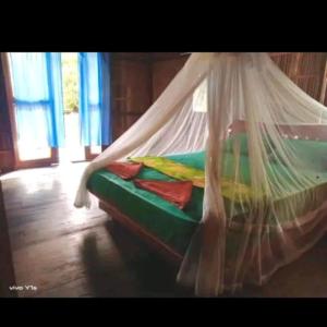 a bed in a room with a mosquito net at Napoleon Homestay Raja Ampat in Poelau Mansoear