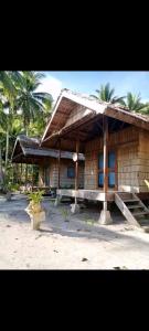 a small building with a roof with palm trees at Napoleon Homestay Raja Ampat in Poelau Mansoear