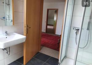a bathroom with a sink and a shower with a mirror at Monteur-, Ferienzimmer in Ibbenbüren