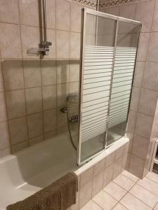 a shower with a glass door in a bathroom at Appartamento ONE in Novara