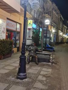 a statue of a man sitting on a bench next to a street light at Noclegi w Sercu Miasta in Sanok