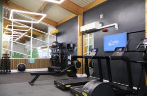 a fitness room with a gym with tread machines at Crescent 6 in Christchurch