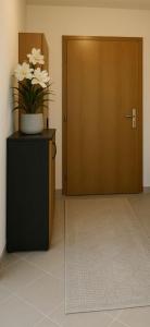 a room with a door and a potted plant on a cabinet at Apartman Marcel in Nijemci