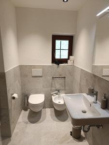 a bathroom with a toilet and a sink at Brunelle, Obertörgglerhof in Brixen