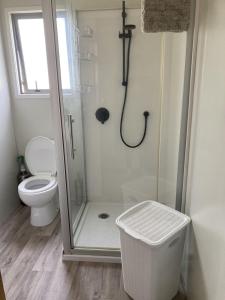 a bathroom with a shower and a toilet at Hideaway on Honikiwi in Otorohanga +11 photos