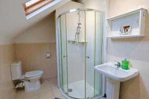 a bathroom with a shower and a toilet and a sink at Elevate suites Darlington in Darlington