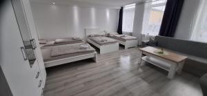 a room with two beds and a couch and a table at Goldberg Apartments in Kassel +8 photos