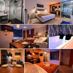 a collage of photos of a hotel room with beds at l'Escale Royale in Rambouillet