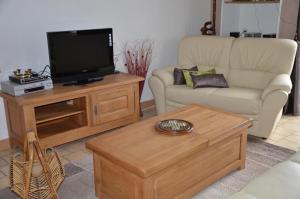 a living room with a couch and a tv on a table at Les lilas in Lhommaizé