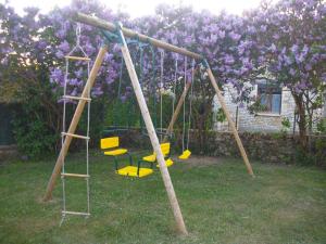 a swing set in a yard with purple flowers at Les lilas in Lhommaizé +9 photos