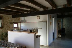 a kitchen with a white refrigerator and a counter at Le gîte de la roche in Antigny