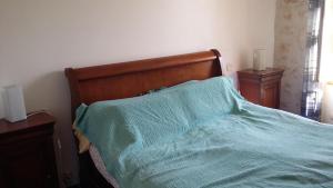 a bed with a green comforter in a bedroom at Le gîte de la roche in Antigny