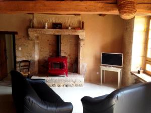 a living room with a fireplace with a couch and a television at Le moulin de preuillé in Valence en Poitoux