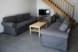a living room with a couch and a tv at Gîte de la tonnelle in Saint-Georges-lès-Baillargeaux