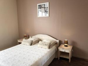 a bedroom with a bed with two nightstands and two lamps at L'althéa in Saint-Gervais-les-Trois-Clochers