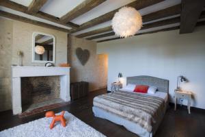 a bedroom with a bed and a fireplace and a chandelier at Le clos mélior in Lusignan