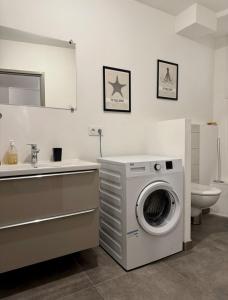 a bathroom with a washing machine and a sink at Parenthèse en Savoie in Albertville +8 photos