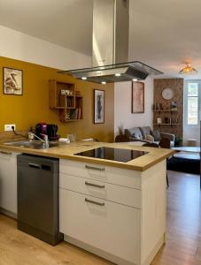 a kitchen with a sink and a living room at Parenthèse en Savoie in Albertville