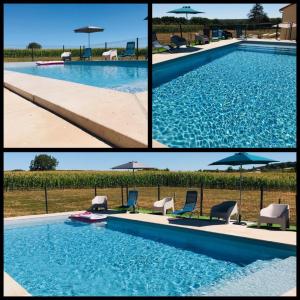 a collage of four pictures of a swimming pool at Le chant du jau in Beaumont