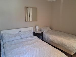 a bedroom with two beds and a mirror on the wall at Two bed Seaside retreat in Dublin