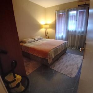 a bedroom with a bed with a lamp and a window at Podgorica apartment in Podgorica