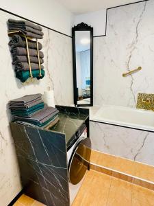 a bathroom with a washing machine and a mirror at Seenland Residenz in Hoyerswerda