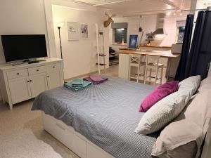 a bedroom with a large bed and a kitchen at Northern Lights Apartment for Independent Stay in Jukkasjärvi +24 photos
