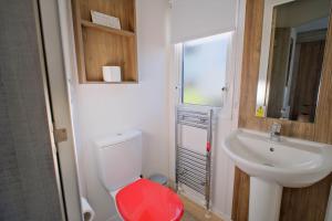a bathroom with a toilet and a sink at Sirocco Caravan in Westward Ho +9 photos