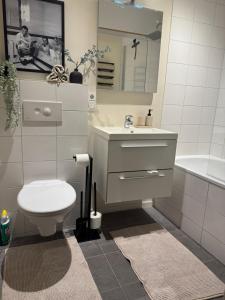 a bathroom with a toilet and a sink and a tub at vakantie appartement D'vine in Valkenburg +28 photos
