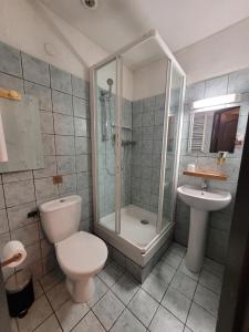 a bathroom with a shower and a toilet and a sink at Hôtel Etape in Les Omergues +29 photos