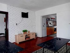 a living room with a tv on a brick wall at Cabana Maguri in Măguri