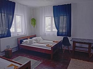 a bedroom with a bed with blue curtains and a table at Cabana Maguri in Măguri +22 photos
