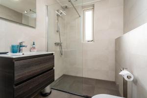 a bathroom with a shower and a sink and a toilet at Christoffellaan 57 in Brouwershaven +9 photos