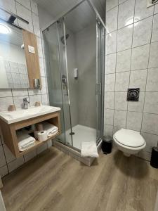 a bathroom with a shower and a toilet and a sink at Hôtel NOROTEL in Brumath