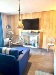 a living room with a blue couch and a fireplace at Le Gouvernail - Montélimar in Montélimar +12 photos