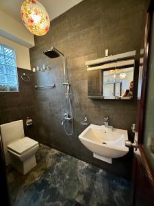 a bathroom with a sink and a toilet and a shower at Paragon mirissa by REO in Mirissa