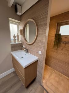 a bathroom with a sink and a mirror at Studio Oranje Nassau aan Zee in Zandvoort +17 photos
