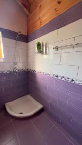 a bathroom with a purple and white tiled wall at The Mountain Attic in Përmet +4 photos