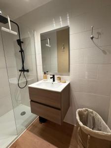 a bathroom with a sink and a shower with a mirror at Chez Marie & Nico in Aigues-Mortes +27 photos