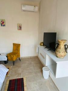 a living room with a tv and a chair at Maison Bohème Suite Fatima in Midoun +8 photos