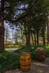 a barrel sitting next to a rock and trees at Hotel Villa El Descanso Express in Curicó