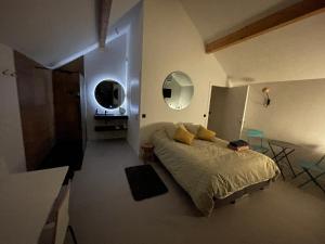 a bedroom with a bed and two mirrors on the wall at STUNNING VIEW, chambre en forêt proche BORDEAUX in Bouliac